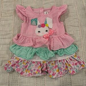 Rare Editions Girls Easter Bunny Ruffled Top Pink Gingham Floral Size 4T